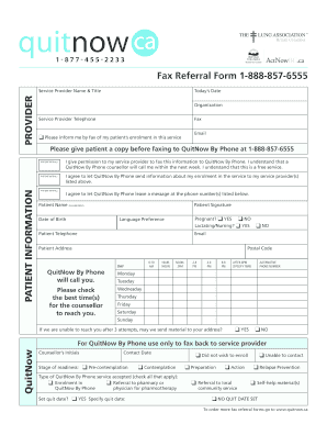 Fax Referral Form for QuitNow By Phone