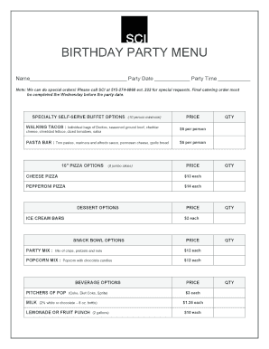 Birthday Party Catering Order Form