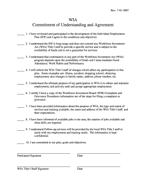 WIA Commitment of Understanding and Agreement