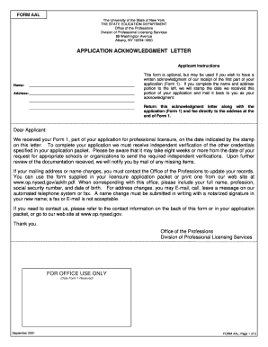New York Application Acknowledgment Letter