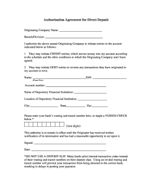 Authorization Agreement for Direct Deposit