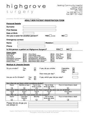 UK Adult New Patient Registration Form