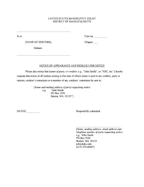 Bankruptcy Notice of Appearance and Request for Notice