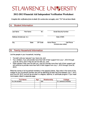 2012-2013 Financial Aid Independent Verification Worksheet