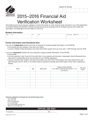 2015–2016 Financial Aid Verification Worksheet