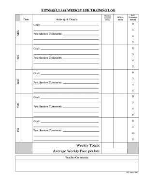 Fitness Class Weekly 10K Training Log