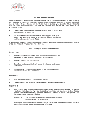 UK Customs Form C3 for Household and Personal Effects
