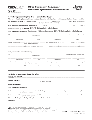 Offer Summary Document for Agreement of Purchase and Sale
