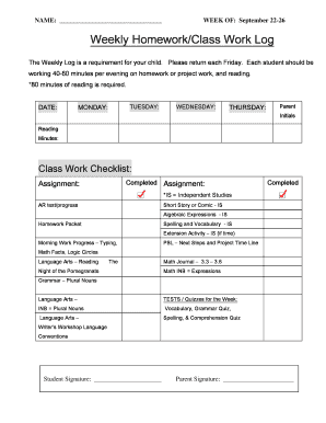 Weekly Homework Class Work Log
