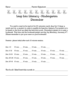 Kindergarten Leap Into Literacy Reading Log