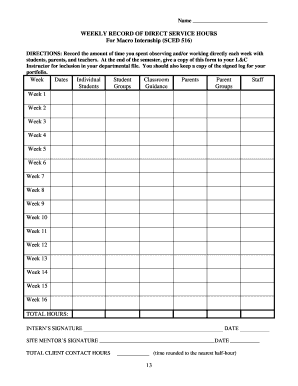 Weekly Record of Direct Service Hours for Macro Internship