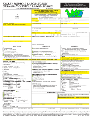 Valley Medical Laboratories Test Requisition Form