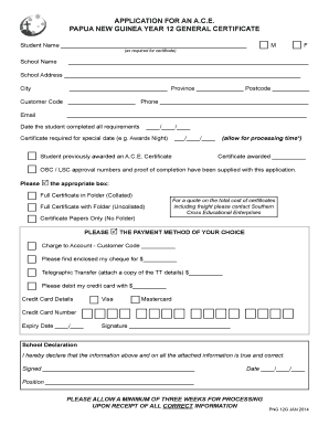 Papua New Guinea Year 12 General Certificate Application