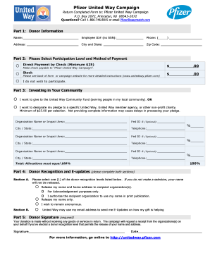 Pfizer United Way Campaign Donation Form