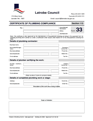 Certificate of Plumbing Compliance