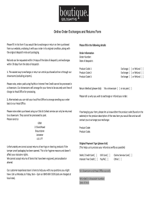 Online Order Exchange and Returns Form