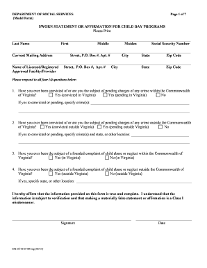 Sworn Statement for Child Day Programs