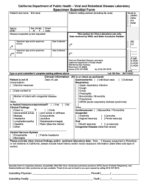 California Viral and Rickettsial Disease Lab Specimen Form