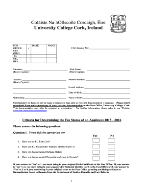 University College Cork Fee Status Application Form