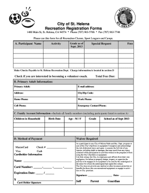St. Helena Recreation Registration Form