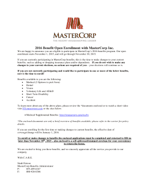 MasterCorp 2016 Benefits Enrollment Form