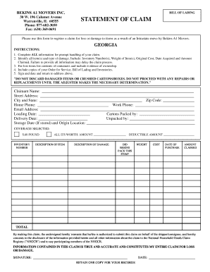 Bekins A1 Movers Claim Form