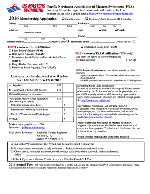 Pacific Northwest Association of Masters Swimmers Membership Application