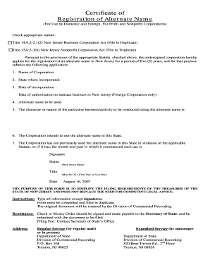 New Jersey Alternate Name Registration Certificate