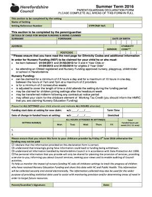 Parent Guardian Declaration Form for Nursery Funding
