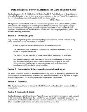 Durable Special Power of Attorney for Minor Child Care