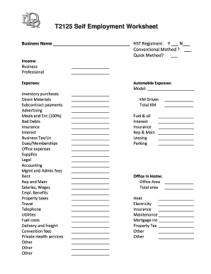 T2125 Self Employment Worksheet