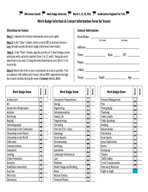Merit Badge Selection Form for Scouts