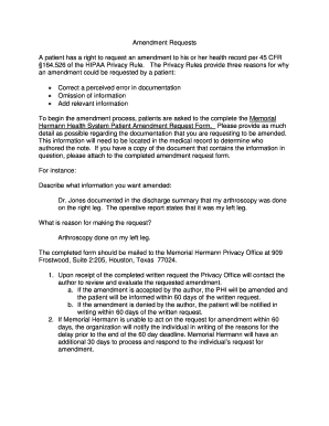 Memorial Hermann Health System Patient Amendment Request Form