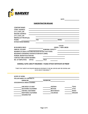 Subcontractor Resume Form