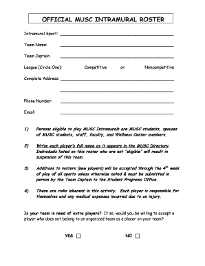 MUSC Intramural Roster Form