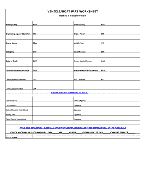 Vehicle/Boat Part Worksheet
