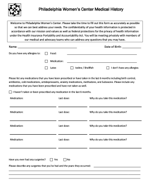 Philadelphia Women's Center Medical History Form