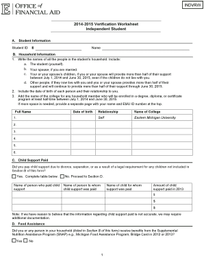 2014-2015 Independent Student Verification Worksheet
