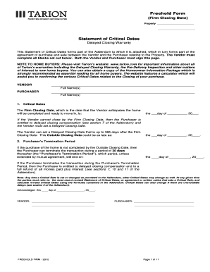 Freehold Form Firm Closing Date