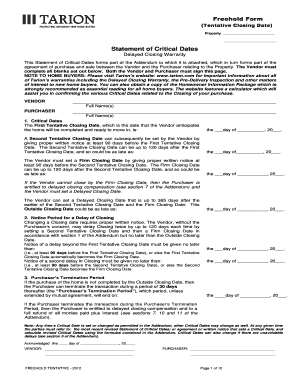 Freehold Form Tentative Closing Date