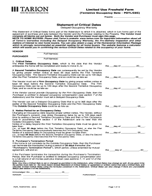Limited Use Freehold Form Tentative Occupancy Date