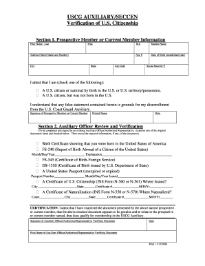 USCG Auxiliary Citizenship Verification Form