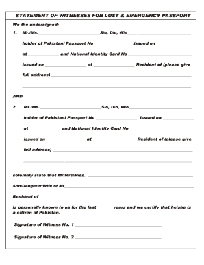 Statement of Witnesses for Lost & Emergency Passport