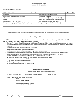 Student Medical Information and Internet Use Form