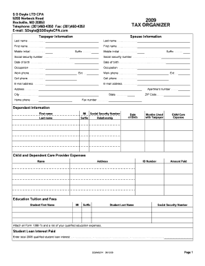 2009 Tax Organizer Form