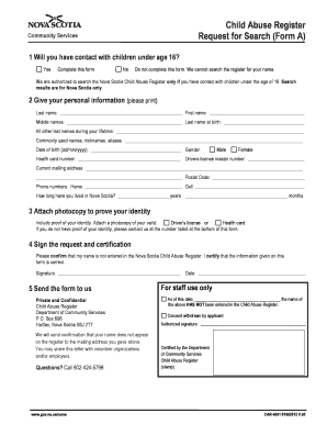 Nova Scotia Child Abuse Register Search Request