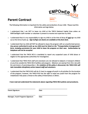 Parent Contract for YWCA National Capital Area