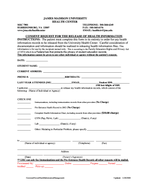 James Madison University Health Information Release Form