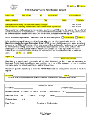 H1N1 Influenza Vaccine Administration Consent