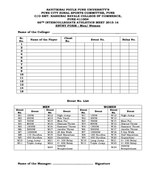 Savitribai Phule Pune University Intercollegiate Athletics Meet Entry Form